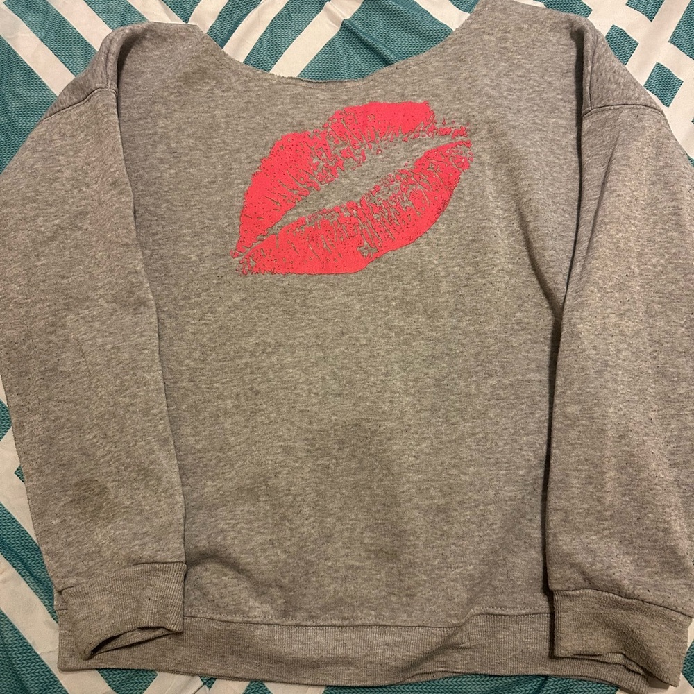 Gray Sweatshirt with Pink Kiss